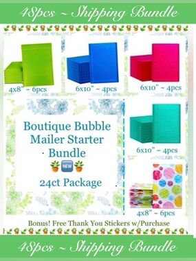 48pcs Set ~Includes 24 Assorted Bubble Poly Mailers & 24 “Thank You” Stickers 🆕